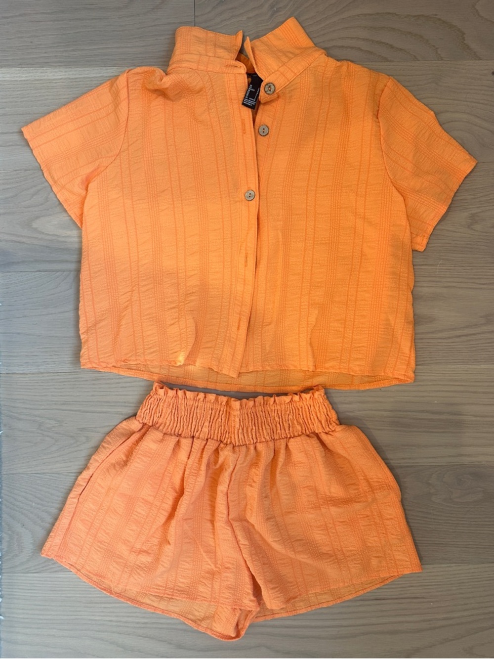 Forever 21 Orange Two-Piece Button Crop Top & Shorts Set